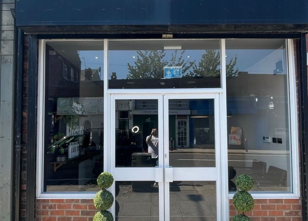 Front entrance of Anthony James Hairdressing in Middlesbrough, England, GB.