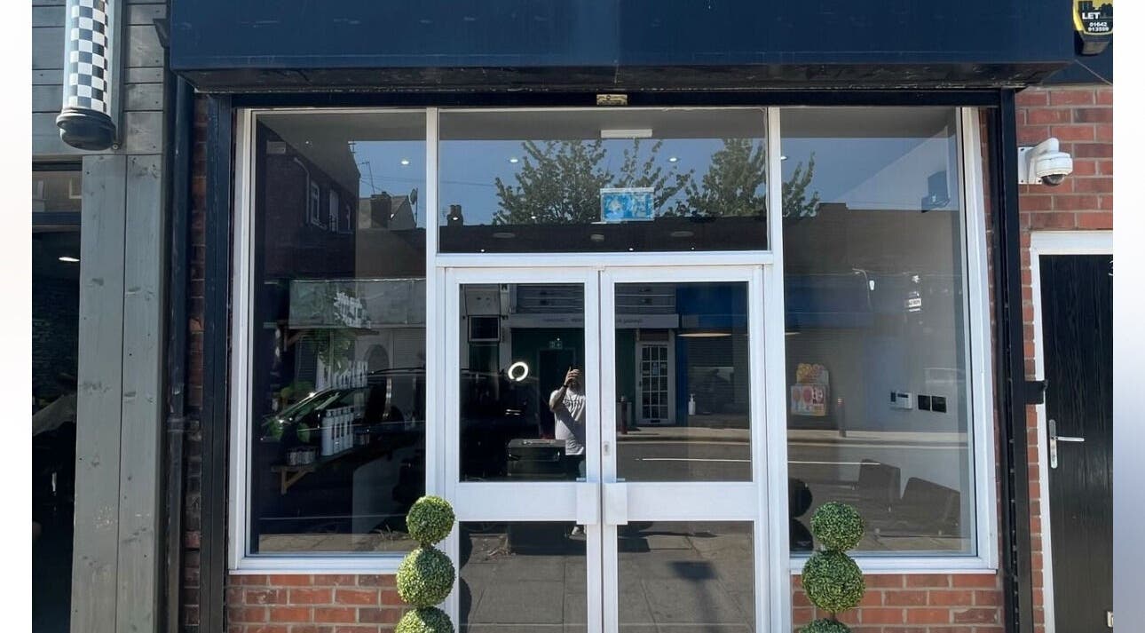 Front entrance of Anthony James Hairdressing in Middlesbrough, England, GB.