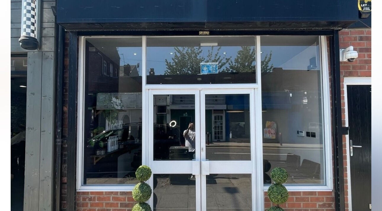 Front entrance of Anthony James Hairdressing in Middlesbrough, England, GB.