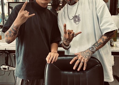 Tattooed individuals displaying style at Sause Barber Cut Club - Sungai Ara, Bayan Lepas, Pulau Pinang, MY.