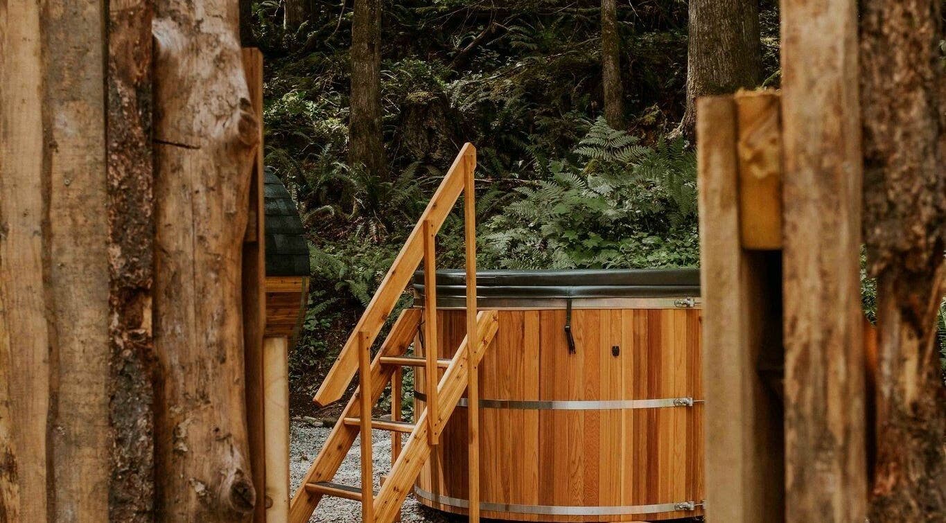 Nature-surrounded hot tub at The Moonshine Spa, Madeira Park, British Columbia, CA.