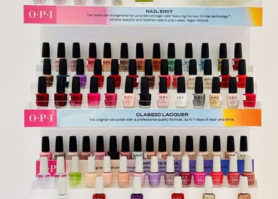 Vibrant nail polish range at De Bliss Beauty Lounge, Dubai, دبي, AE showcasing OPI collection.