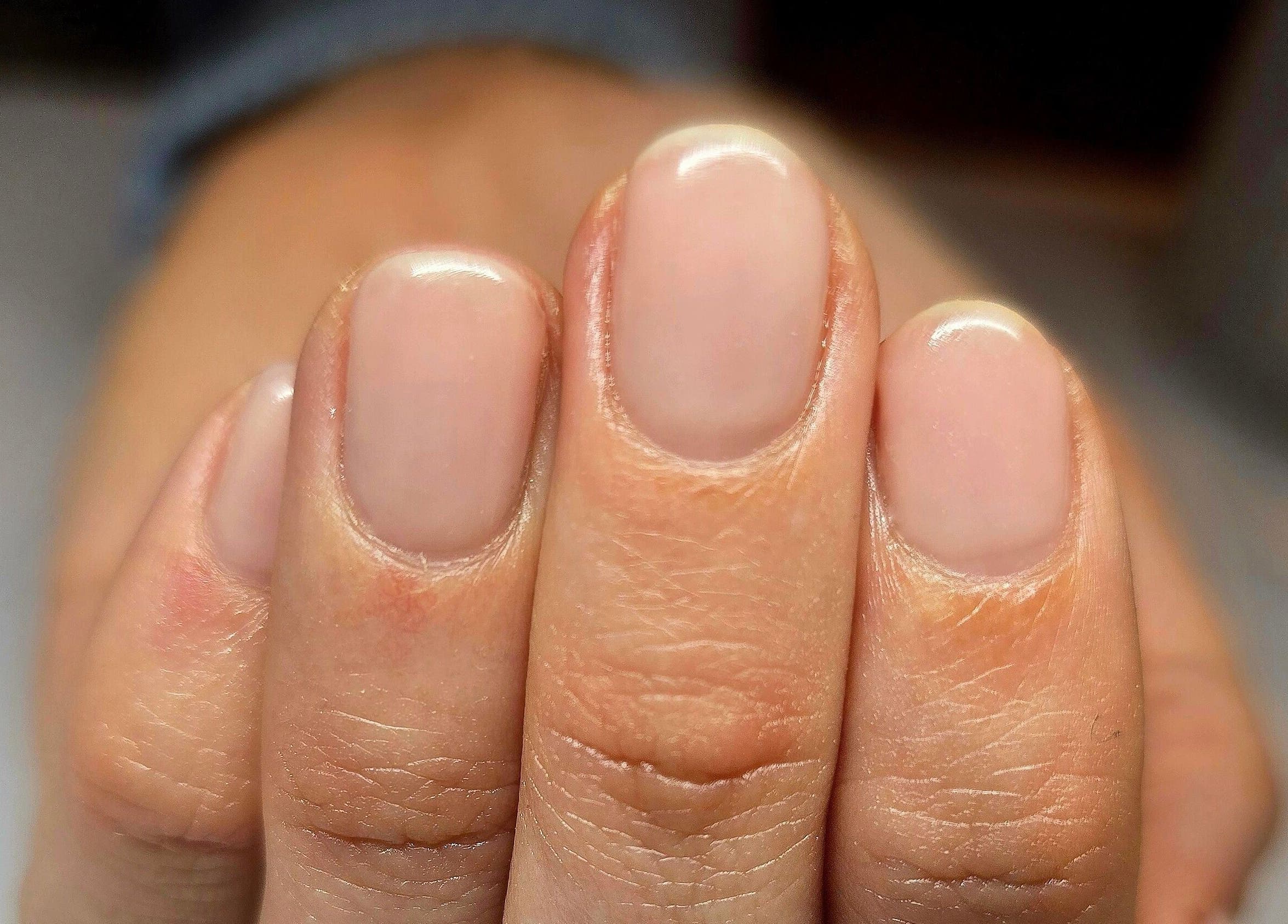 Freshly manicured nails at The Pamper Room, Cheadle, England, GB showcasing a natural shine.