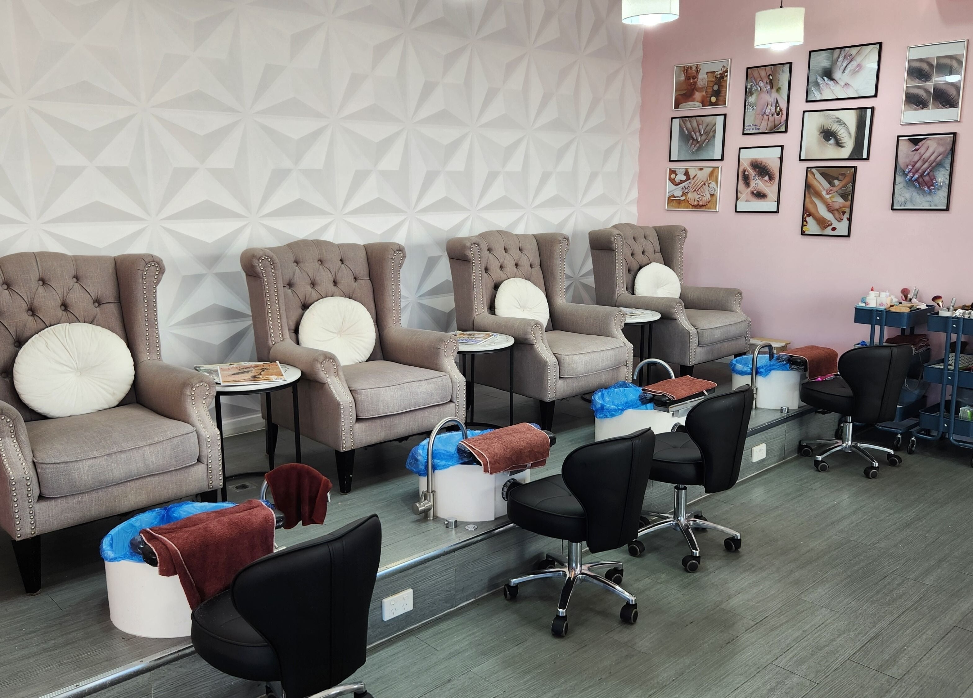 Luxurious pedicure chairs in Lunas Nails Palace, Walkerville, South Australia, AU, inviting relaxation and beauty.