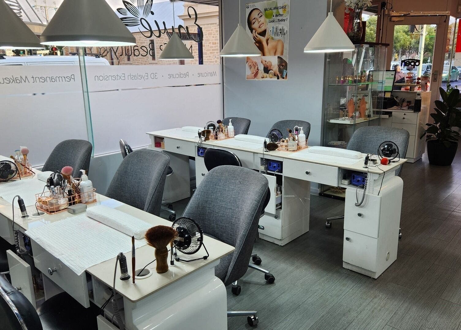 Modern nail salon setup at Lunas Nails Palace in Walkerville, South Australia, AU, with stylish decor and equipment.