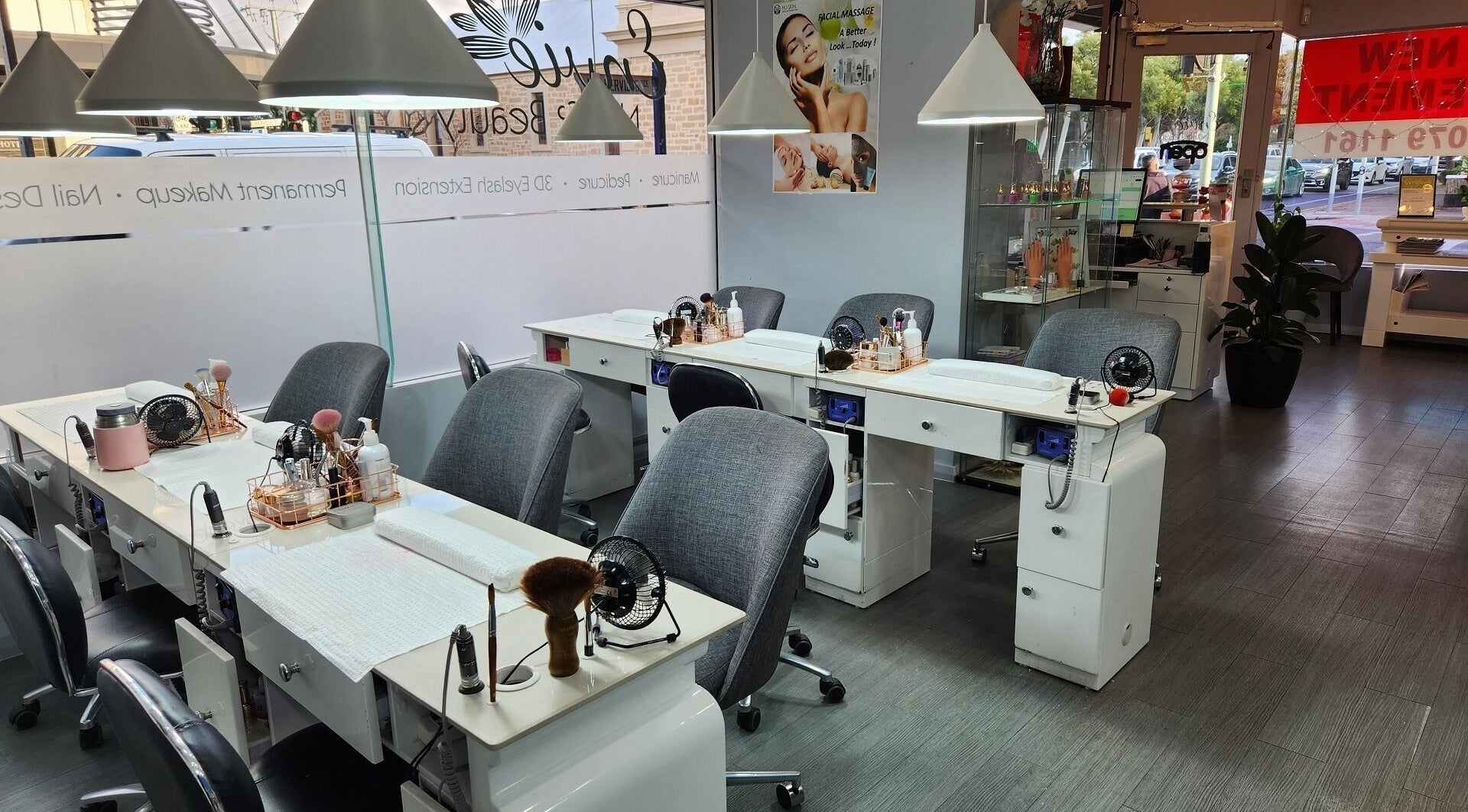 Modern nail salon setup at Lunas Nails Palace in Walkerville, South Australia, AU, with stylish decor and equipment.