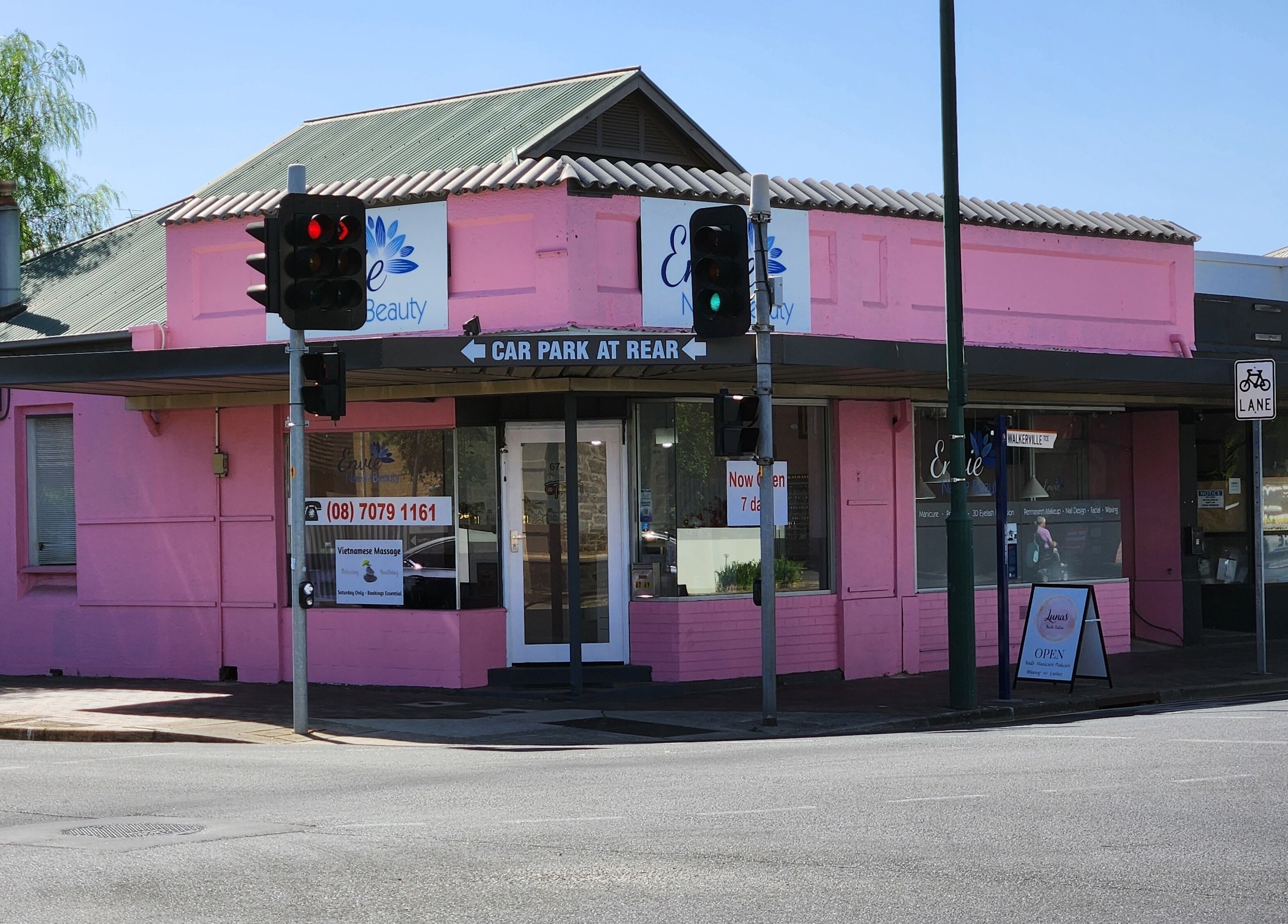 Exterior view of Lunas Nails Palace in Walkerville, South Australia, AU showcasing its vibrant pink facade.