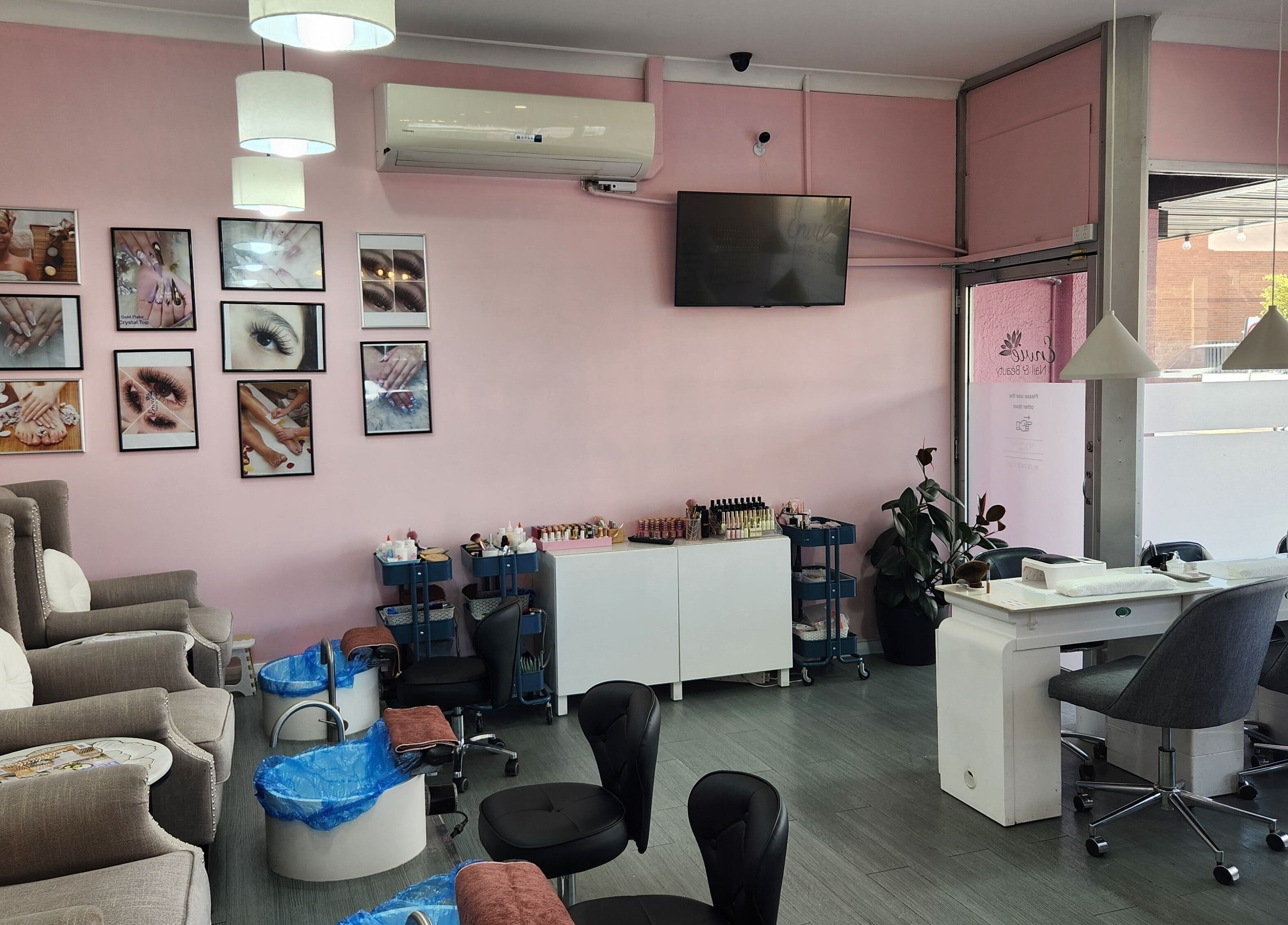 Interior of Lunas Nails Palace, Walkerville, South Australia, AU showing elegant pedicure chairs and manicure station.