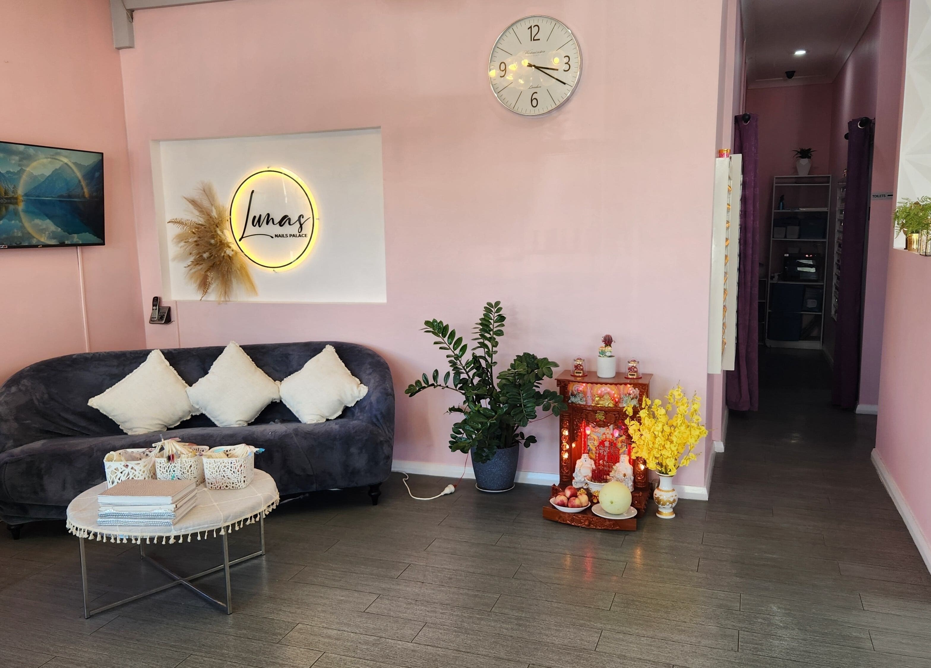 Inviting interior of Lunas Nails Palace in Walkerville, South Australia, AU with plush seating and decor.