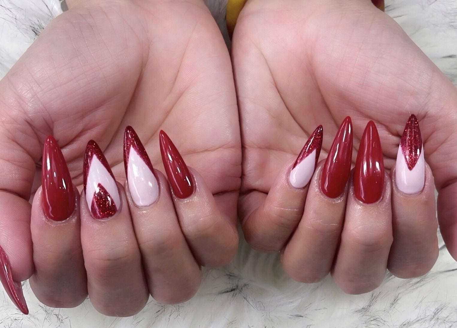 Stylish red and pink stiletto nails at Lunas Nails Palace, Walkerville, South Australia, AU.