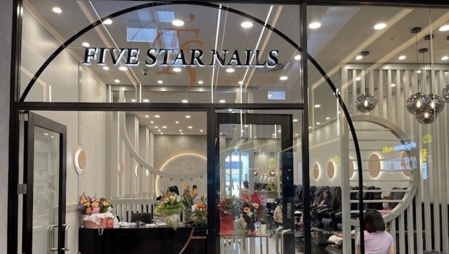Entrance of Five Star Nails Aesthetic -Ormiston, Auckland, NZ, showcasing modern decor and welcoming ambience.