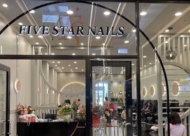 Entrance of Five Star Nails Aesthetic -Ormiston, Auckland, NZ, showcasing modern decor and welcoming ambience.