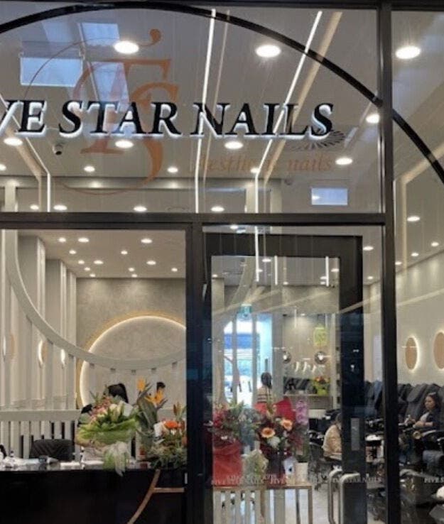 Entrance of Five Star Nails Aesthetic -Ormiston, Auckland, NZ, showcasing modern decor and welcoming ambience.