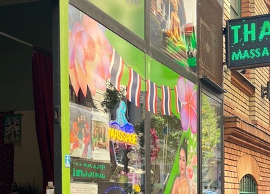 Entrance of Mint Thai Massage shop2 - Irányi utca 5, Budapest, showcasing vibrant signage and decor.