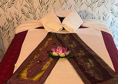 Elegant massage table setup at Mint Thai Massage shop2 - Irányi utca 5., Budapest, Magyar, HU.
