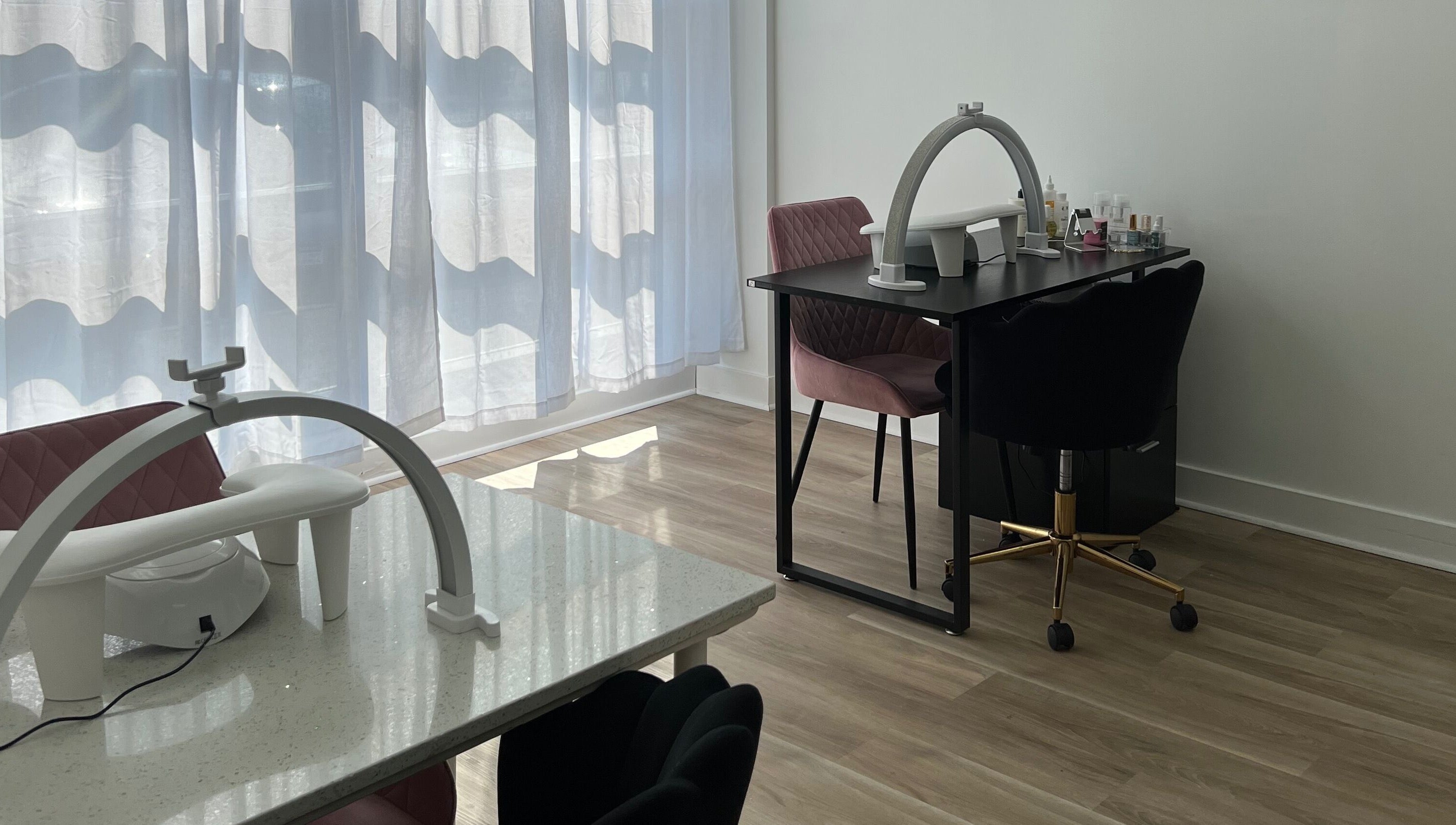 Modern nail station at Cloud Nine Beauty Studio, Tillsonburg, Ontario, CA with natural light.