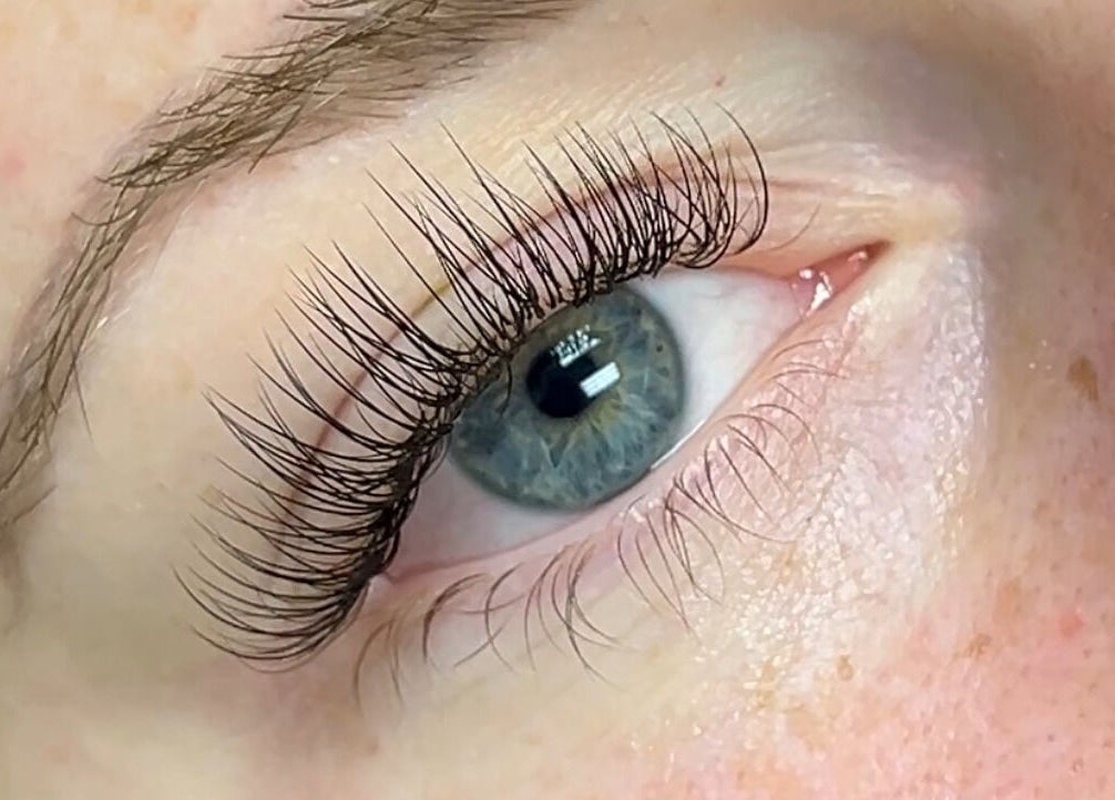 Close-up of enhanced eyelash extensions at Cloud Nine Beauty Studio in Tillsonburg, Ontario, CA.