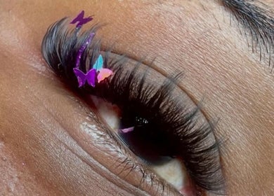 Close-up of artistic butterfly lash extensions at The Hotspot, Longdenville, Chaguanas, TT.