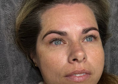 Close-up of a woman's face after beauty treatment at Bonnie Beauty in Bomaderry, New South Wales, AU.