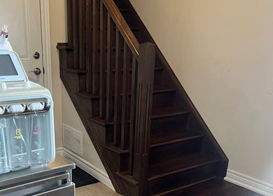 Elegant wooden stairs and skincare machine at Nyeyeview, Hamilton, Ontario, CA.