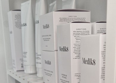 Medik8 skincare products on display at Reform Skin Clinic, Cawood, England, GB, showcasing premium beauty care.