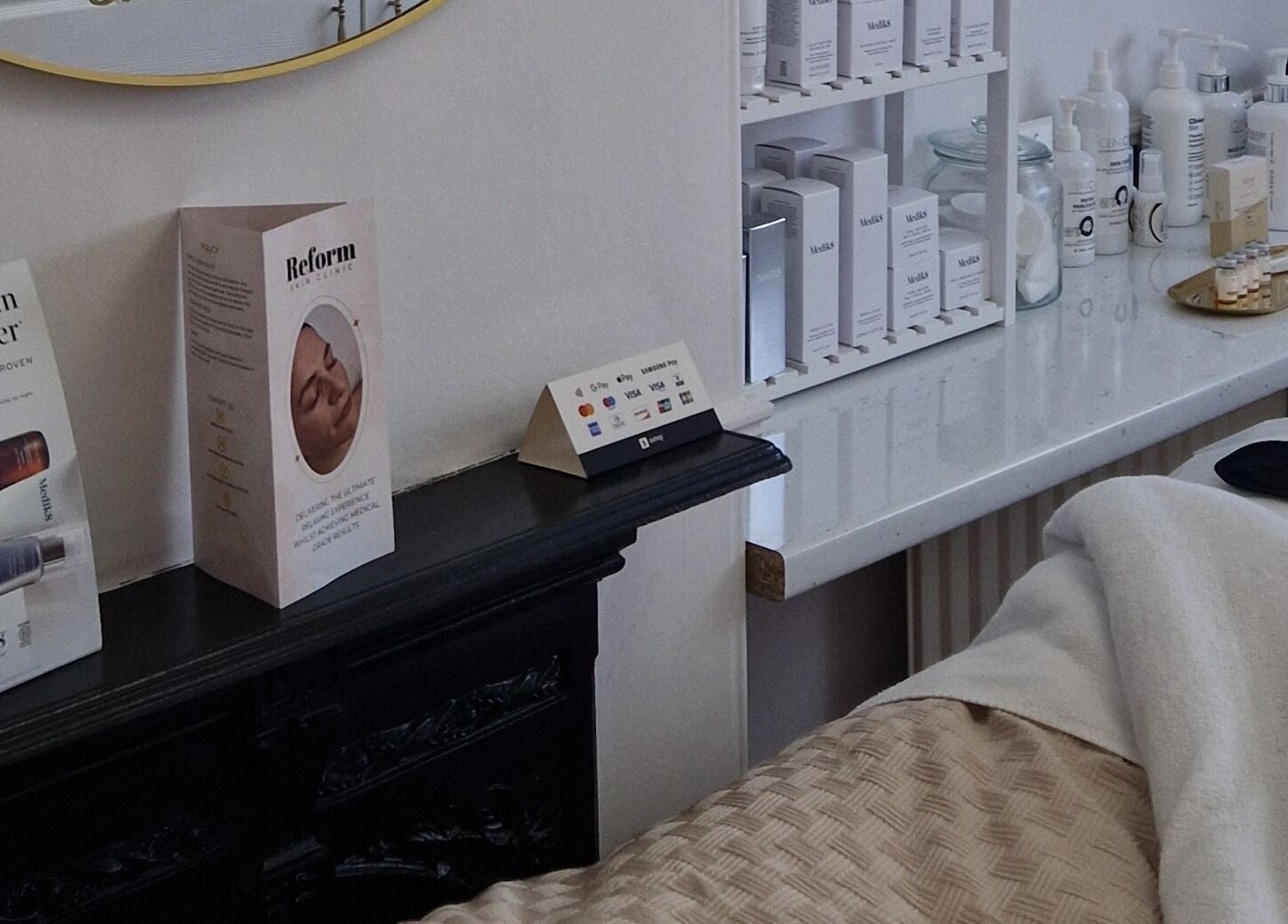 Skincare products and brochures displayed at Reform Skin Clinic, Cawood, England, GB.