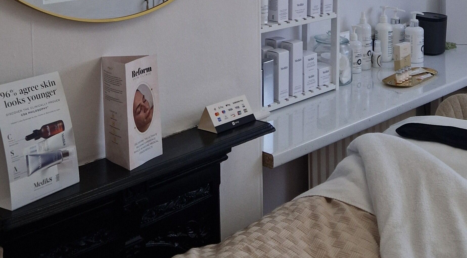 Skincare products and brochures displayed at Reform Skin Clinic, Cawood, England, GB.