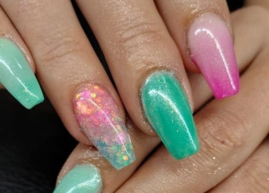 Colorful nail art at NDC Nails, Golden Square, Victoria, AU. Features green, pink, and sparkly designs.