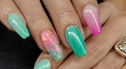 Colorful nail art at NDC Nails, Golden Square, Victoria, AU. Features green, pink, and sparkly designs.