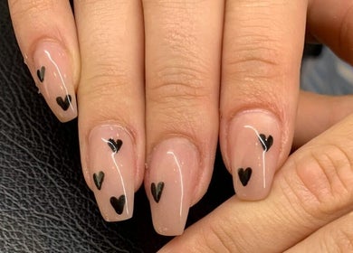 Stylish nail art with black hearts at NDC Nails, Golden Square, Victoria, AU.