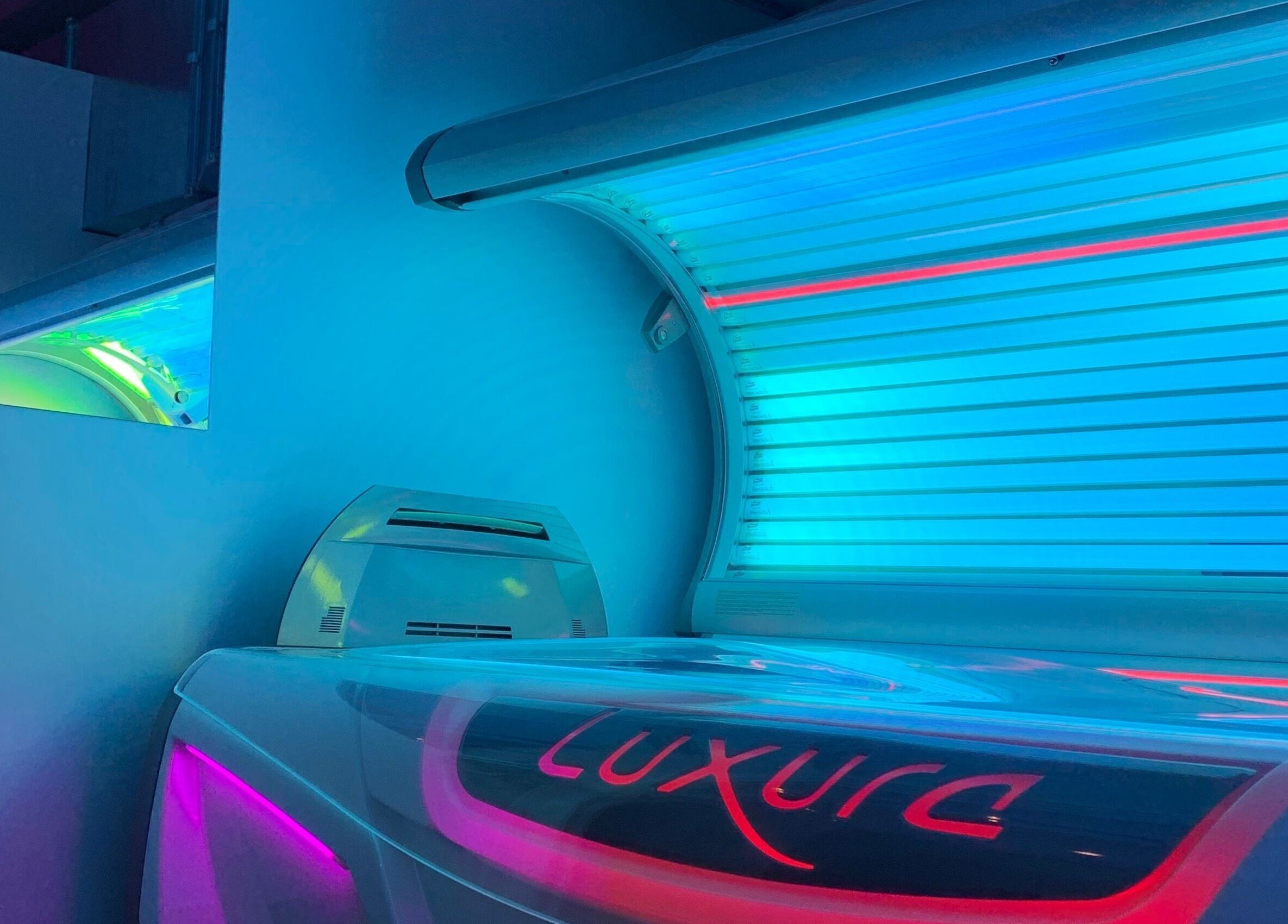 Luxura tanning bed glowing at Glow Tanning and Beauty in Chelmsford, England, GB.