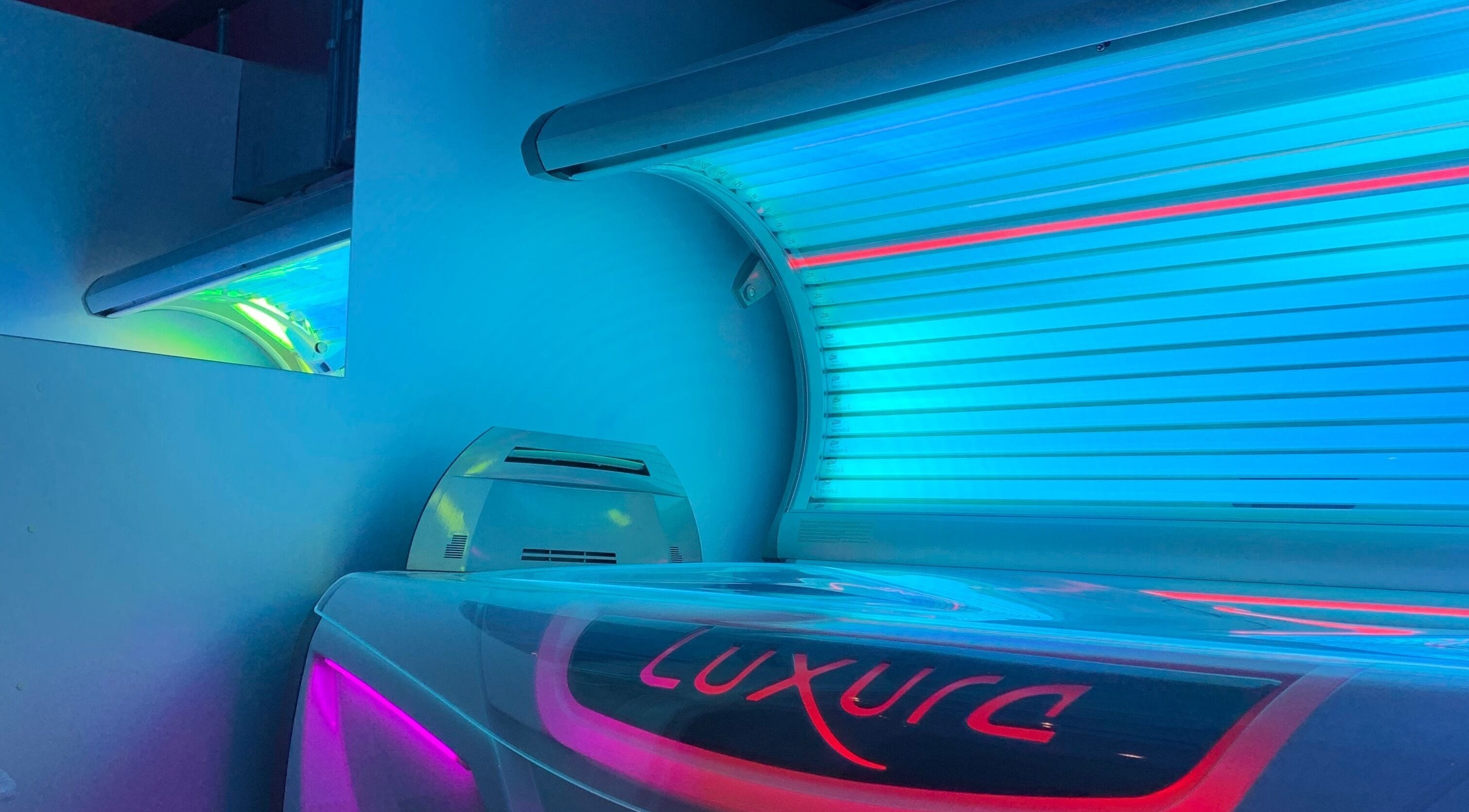 Luxura tanning bed glowing at Glow Tanning and Beauty in Chelmsford, England, GB.