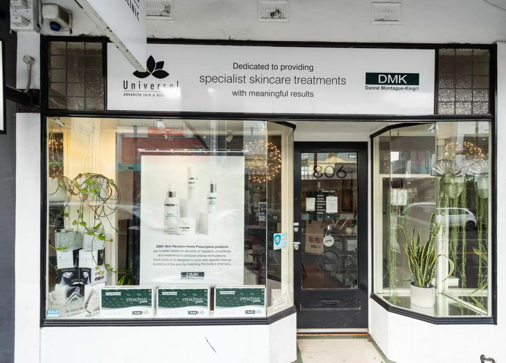 Entrance of Universal Advanced Skin and Body Clinic in Melbourne, Victoria, AU showcasing skincare products.