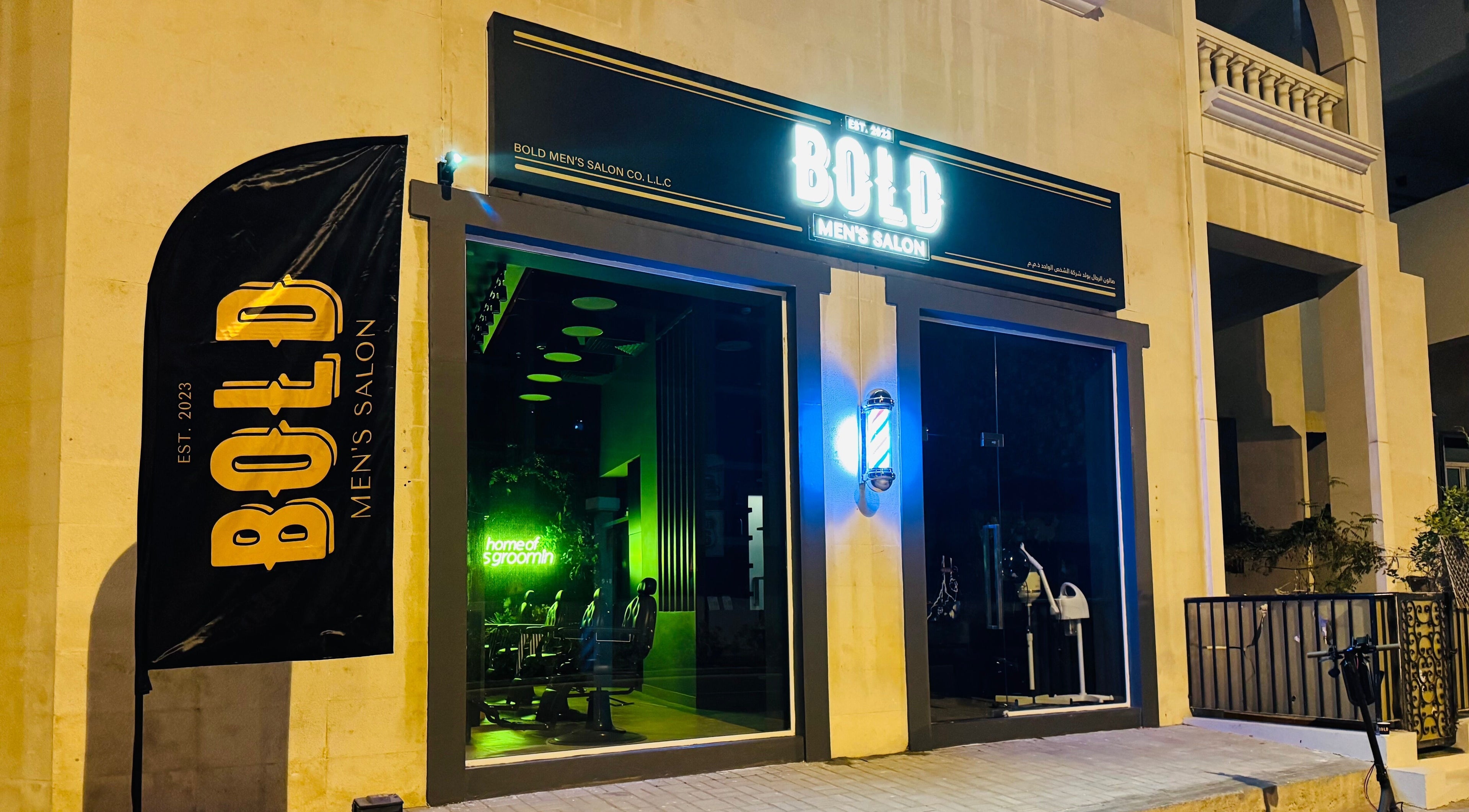 Exterior of BOLD Men’s Salon in Dubai, Dubai, AE lit at night showcasing stylish facade.