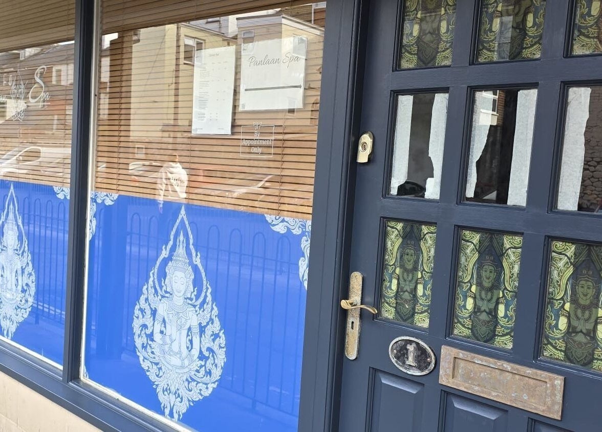Front view of Panlaan Spa in Weymouth, England, GB showcasing elegant blue decor and intricate designs.