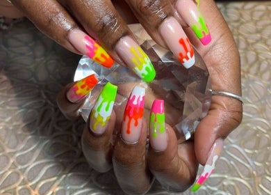 Colorful drip nail art at Nail Gallery & Beauty Bar, Nassau, New Providence, BS.
