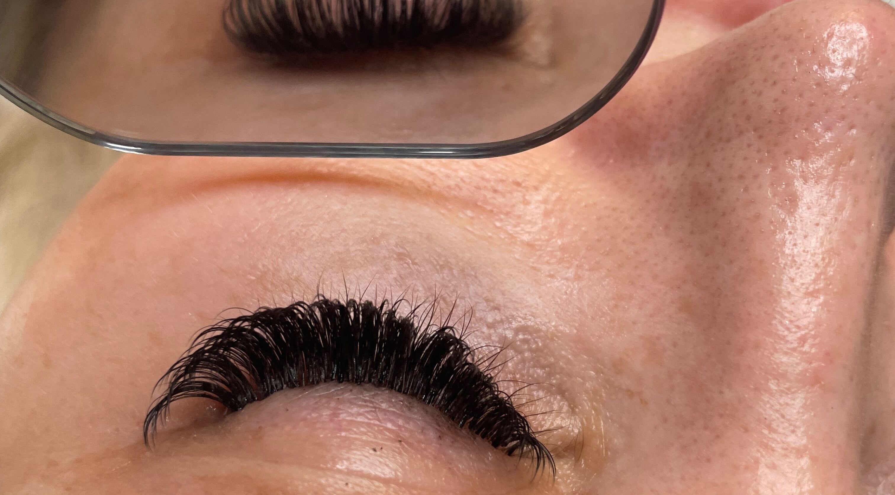 Close-up of full lashes at Samantha Jayne Lash Atelier, Camperdown, New South Wales, AU in mirror reflection.