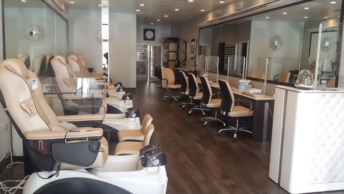 Luxurious interior of T Nail Salon in Santa Clara, California, US, featuring comfortable pedicure chairs.