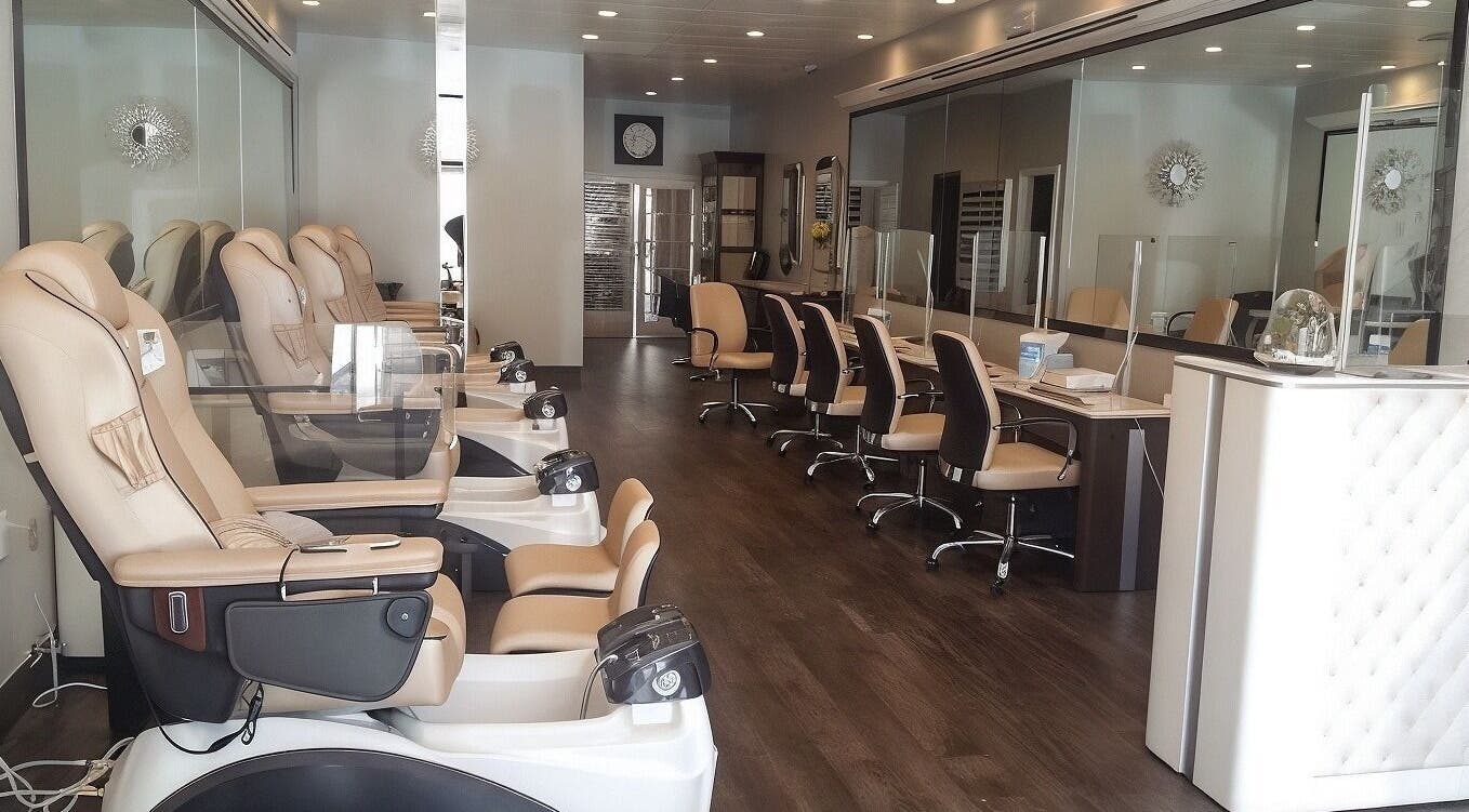 Luxurious interior of T Nail Salon in Santa Clara, California, US, featuring comfortable pedicure chairs.