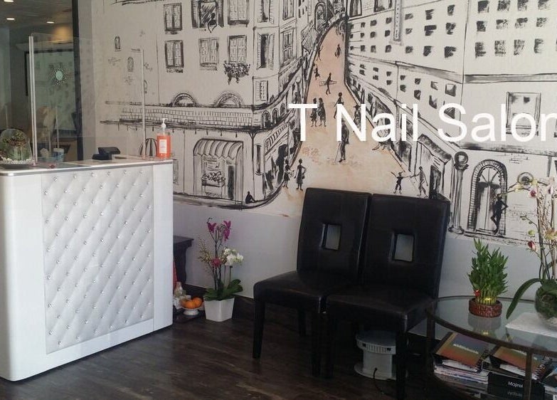 Welcome area of T Nail Salon, Santa Clara, California, US with modern decor and wall art.