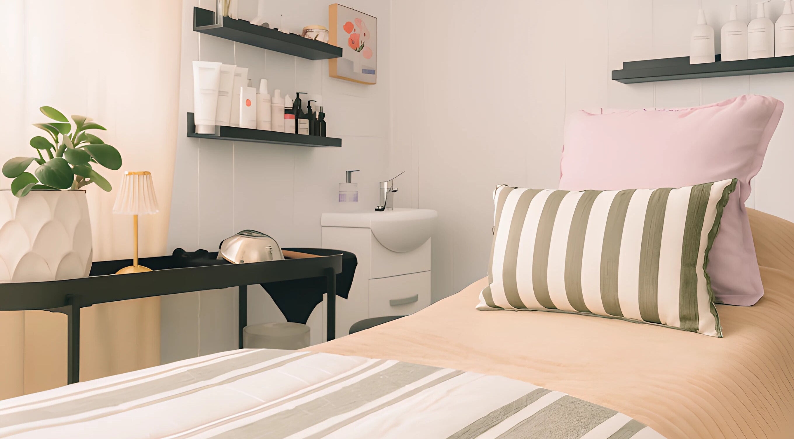 Tranquil treatment room at Babotanics Boutique, Paddington, Queensland, AU, featuring cozy decor and essentials.