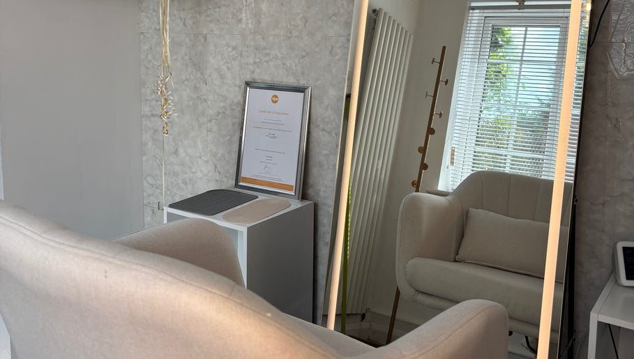 Bright, stylish salon interior at Molly Grace Hair, Market Bosworth, England, GB.