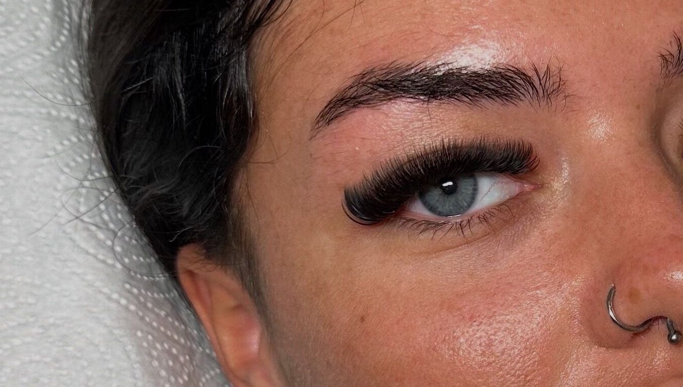 Close-up of eye with full lashes by G Louise Lashes @ The Look Lab Salon, Yarm, England, GB.