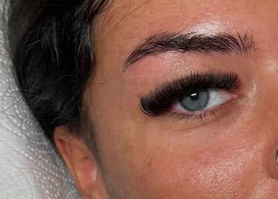 Close-up of eye with full lashes by G Louise Lashes @ The Look Lab Salon, Yarm, England, GB.