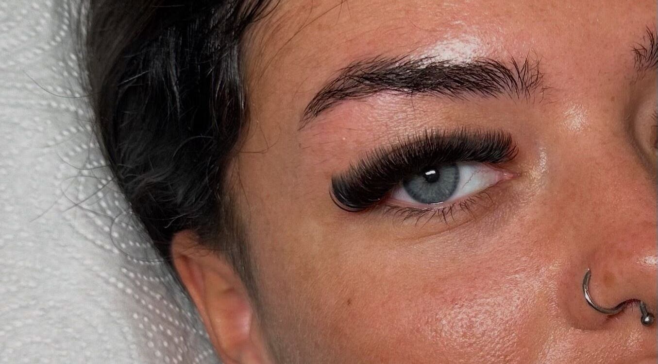 Close-up of eye with full lashes by G Louise Lashes @ The Look Lab Salon, Yarm, England, GB.