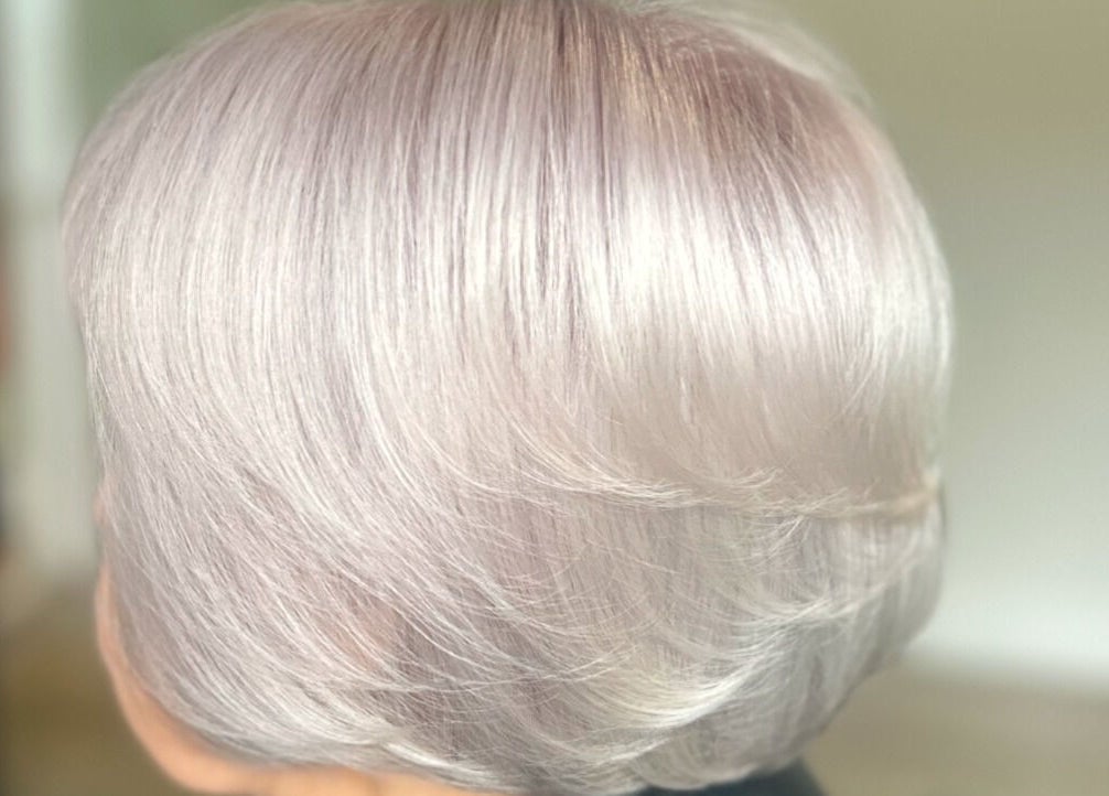Elegant silver hair styled at Ruby Alice Hair, Broughton, England, GB.