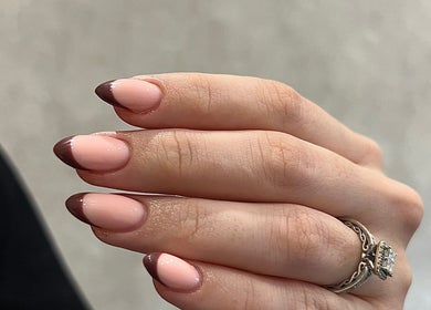 Stylish French manicure with brown tips at Beauty Muse (BLEND), Skewen, Wales, GB.