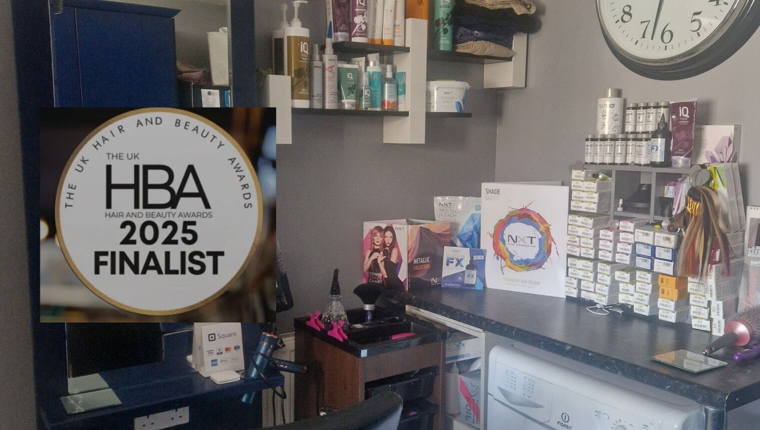 Award-winning Style n Smile Hair By Donna salon interior in Bruton, England, showcasing stylish hair products.