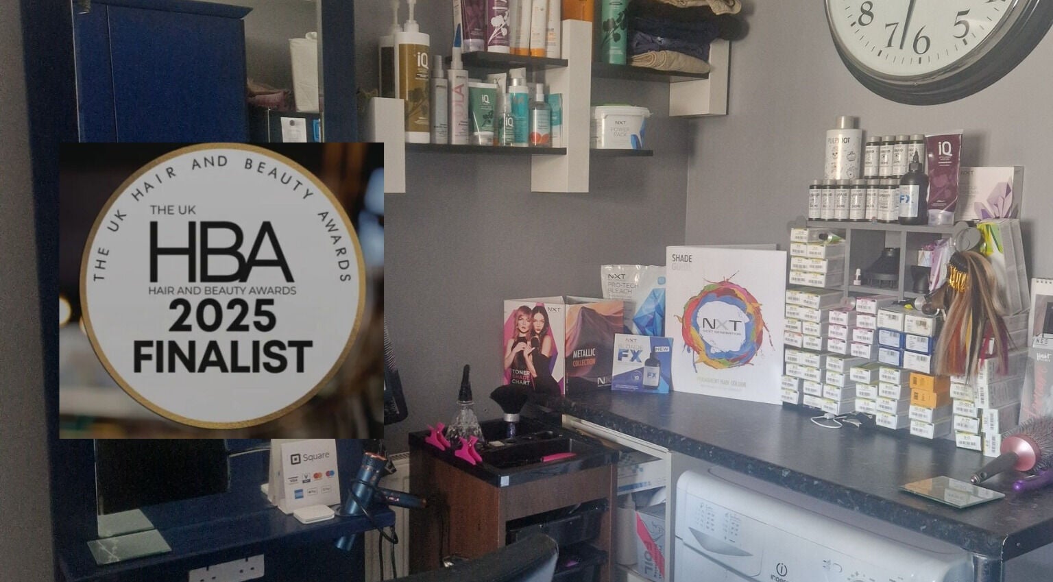 Award-winning Style n Smile Hair By Donna salon interior in Bruton, England, showcasing stylish hair products.