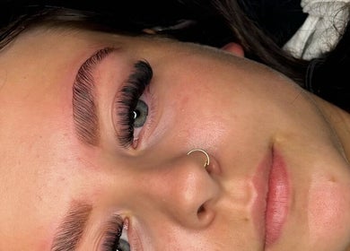 Close-up of a woman's perfectly styled lashes and brows at Kays Beauty & Aesthetics, Stoke-on-Trent, England, GB.